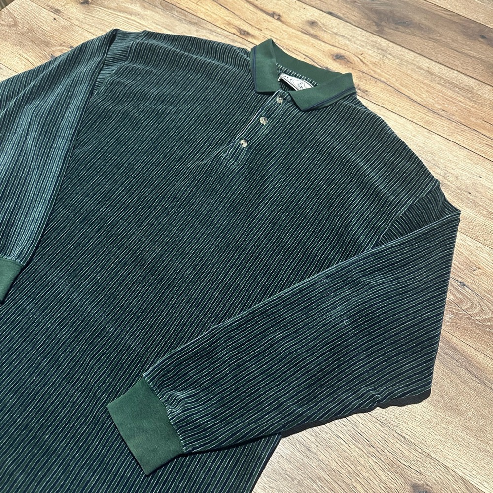Vintage M.E. Sport Green Striped Textured Long Sleeve Polo Shirt Mens Large